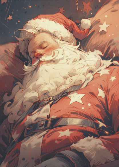 A stylized illustration of Santa Claus sleeping soundly. He wears his classic red suit with white stars and a matching hat, his head resting on a pillow. The background is a dark blue night sky filled with stars, creating a peaceful, festive atmosphere. Decor