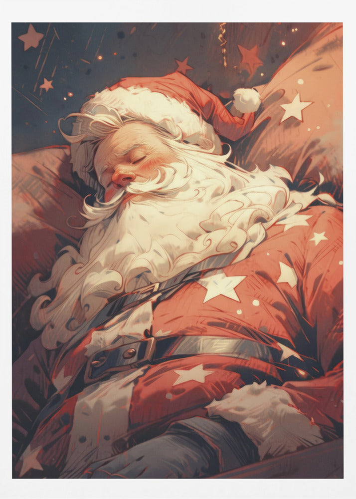 A stylized illustration of Santa Claus sleeping soundly. He wears his classic red suit with white stars and a matching hat, his head resting on a pillow. The background is a dark blue night sky filled with stars, creating a peaceful, festive atmosphere. Decor
