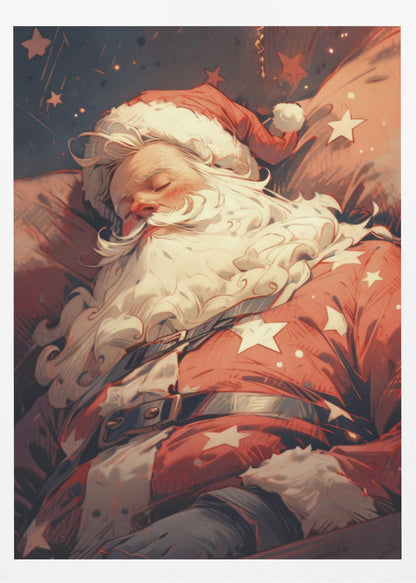 A stylized illustration of Santa Claus sleeping soundly. He wears his classic red suit with white stars and a matching hat, his head resting on a pillow. The background is a dark blue night sky filled with stars, creating a peaceful, festive atmosphere. Decor