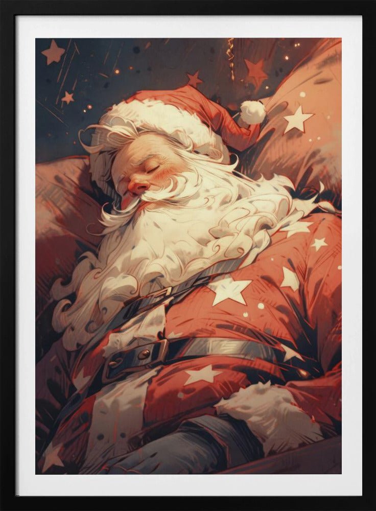 A stylized illustration of Santa Claus sleeping soundly. He wears his classic red suit with white stars and a matching hat, his head resting on a pillow. The background is a dark blue night sky filled with stars, creating a peaceful, festive atmosphere. Decor