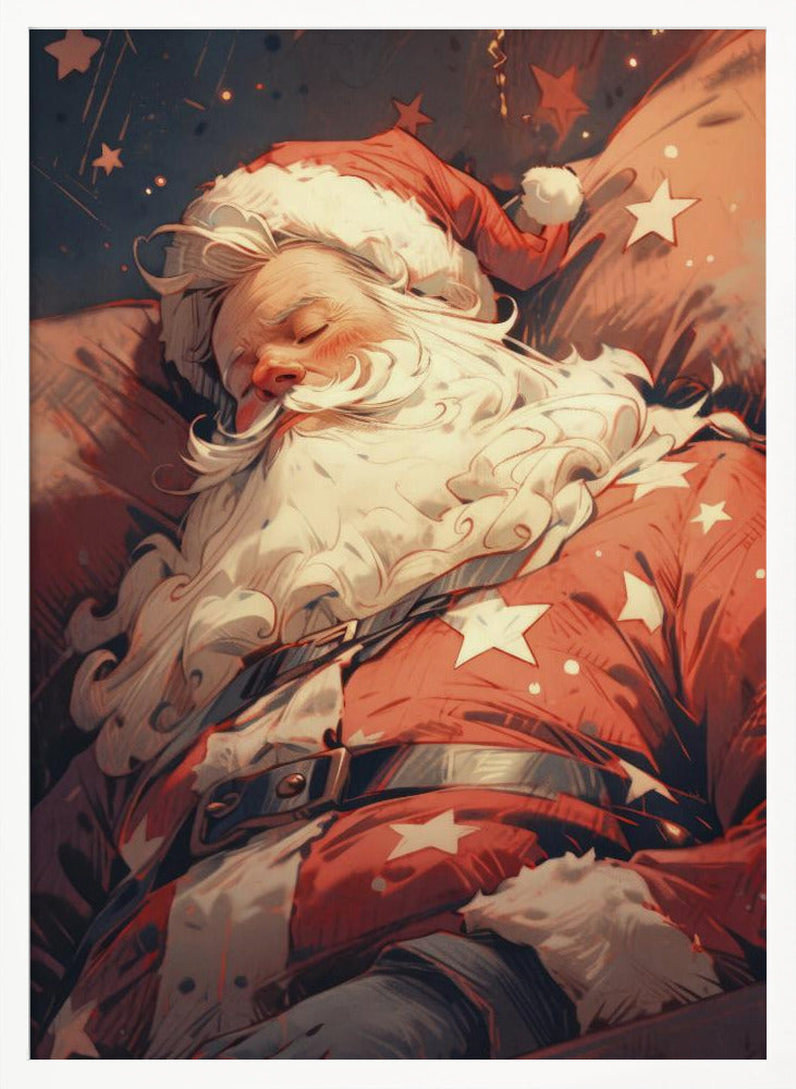 A stylized illustration of Santa Claus sleeping soundly. He wears his classic red suit with white stars and a matching hat, his head resting on a pillow. The background is a dark blue night sky filled with stars, creating a peaceful, festive atmosphere. Decor