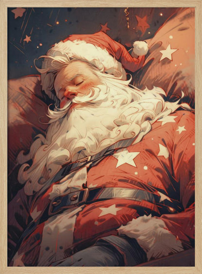A stylized illustration of Santa Claus sleeping soundly. He wears his classic red suit with white stars and a matching hat, his head resting on a pillow. The background is a dark blue night sky filled with stars, creating a peaceful, festive atmosphere. Decor