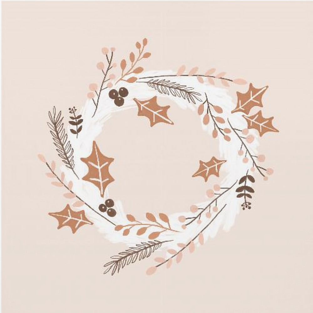 A square illustration of a winter wreath in a light wood frame. The artwork features a minimalist design with holly leaves, berries, and pine sprigs in shades of brown, terracotta, and soft pink on a white brushstroke base, all set against a pale blush pink background. Print