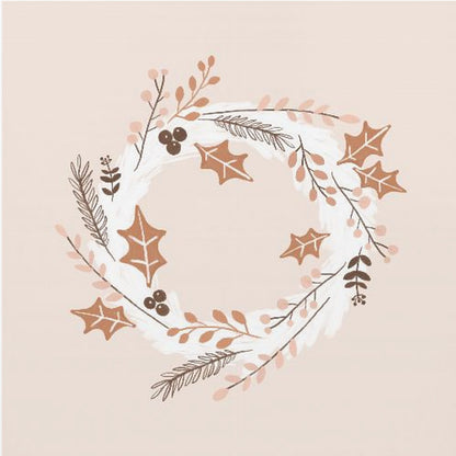 A square illustration of a winter wreath in a light wood frame. The artwork features a minimalist design with holly leaves, berries, and pine sprigs in shades of brown, terracotta, and soft pink on a white brushstroke base, all set against a pale blush pink background. Print