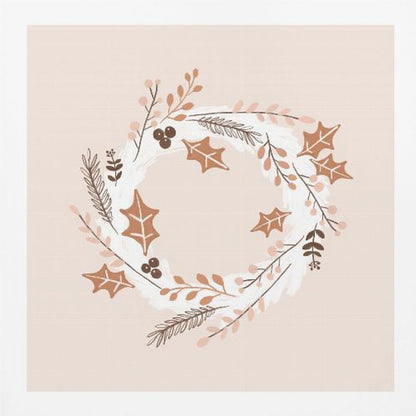 A square illustration of a winter wreath in a light wood frame. The artwork features a minimalist design with holly leaves, berries, and pine sprigs in shades of brown, terracotta, and soft pink on a white brushstroke base, all set against a pale blush pink background. Print