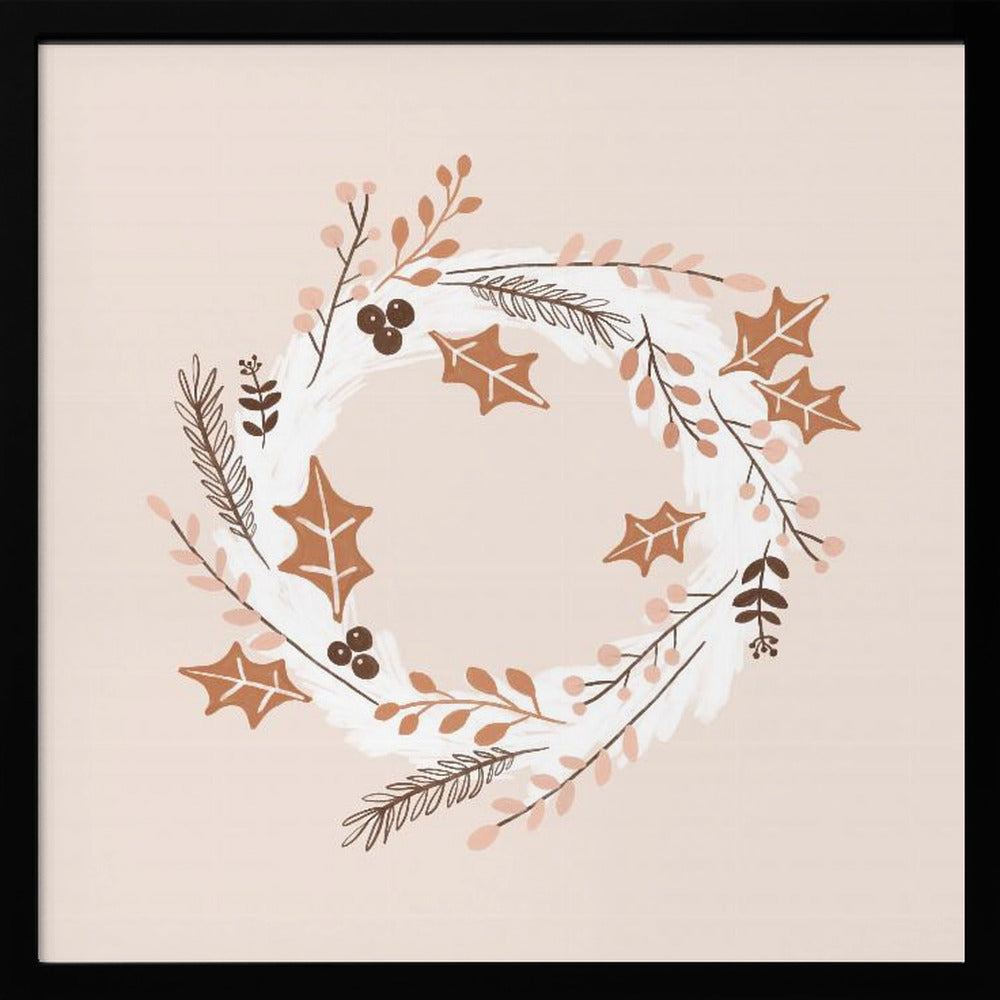 A square illustration of a winter wreath in a light wood frame. The artwork features a minimalist design with holly leaves, berries, and pine sprigs in shades of brown, terracotta, and soft pink on a white brushstroke base, all set against a pale blush pink background. Print