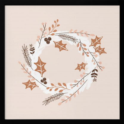 A square illustration of a winter wreath in a light wood frame. The artwork features a minimalist design with holly leaves, berries, and pine sprigs in shades of brown, terracotta, and soft pink on a white brushstroke base, all set against a pale blush pink background. Print