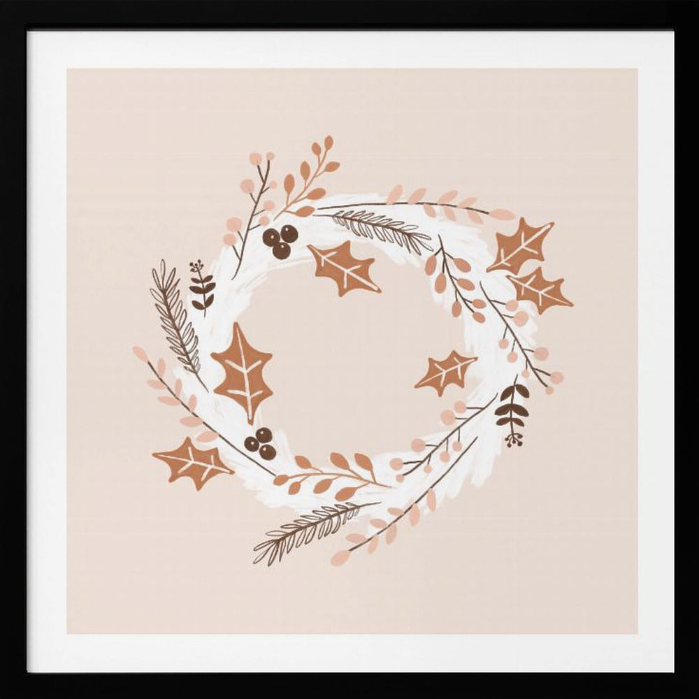 A square illustration of a winter wreath in a light wood frame. The artwork features a minimalist design with holly leaves, berries, and pine sprigs in shades of brown, terracotta, and soft pink on a white brushstroke base, all set against a pale blush pink background. Print