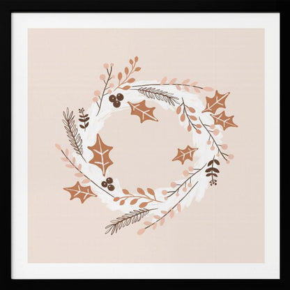 A square illustration of a winter wreath in a light wood frame. The artwork features a minimalist design with holly leaves, berries, and pine sprigs in shades of brown, terracotta, and soft pink on a white brushstroke base, all set against a pale blush pink background. Print