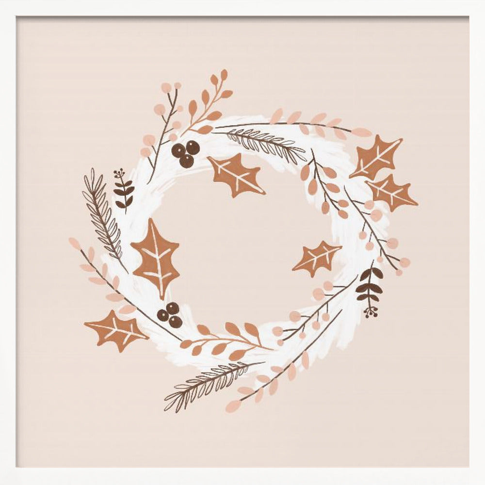 A square illustration of a winter wreath in a light wood frame. The artwork features a minimalist design with holly leaves, berries, and pine sprigs in shades of brown, terracotta, and soft pink on a white brushstroke base, all set against a pale blush pink background. Print