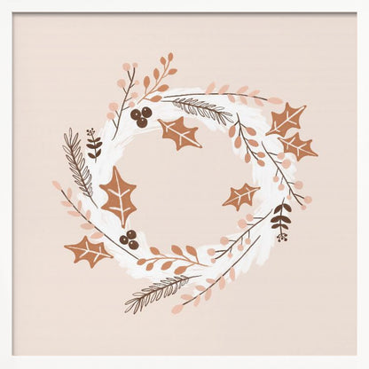 A square illustration of a winter wreath in a light wood frame. The artwork features a minimalist design with holly leaves, berries, and pine sprigs in shades of brown, terracotta, and soft pink on a white brushstroke base, all set against a pale blush pink background. Print