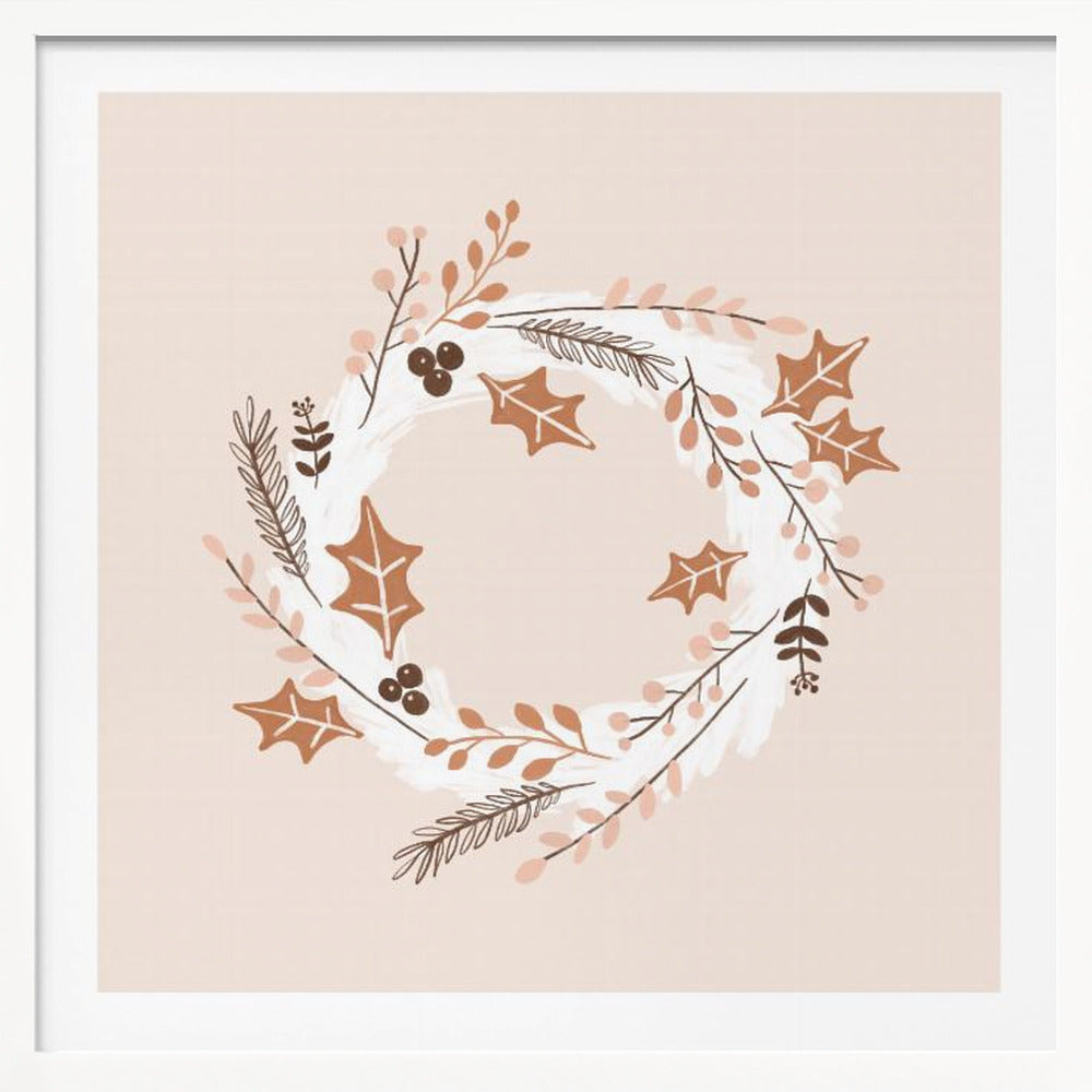 A square illustration of a winter wreath in a light wood frame. The artwork features a minimalist design with holly leaves, berries, and pine sprigs in shades of brown, terracotta, and soft pink on a white brushstroke base, all set against a pale blush pink background. Print