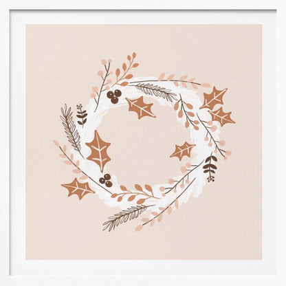 A square illustration of a winter wreath in a light wood frame. The artwork features a minimalist design with holly leaves, berries, and pine sprigs in shades of brown, terracotta, and soft pink on a white brushstroke base, all set against a pale blush pink background. Print