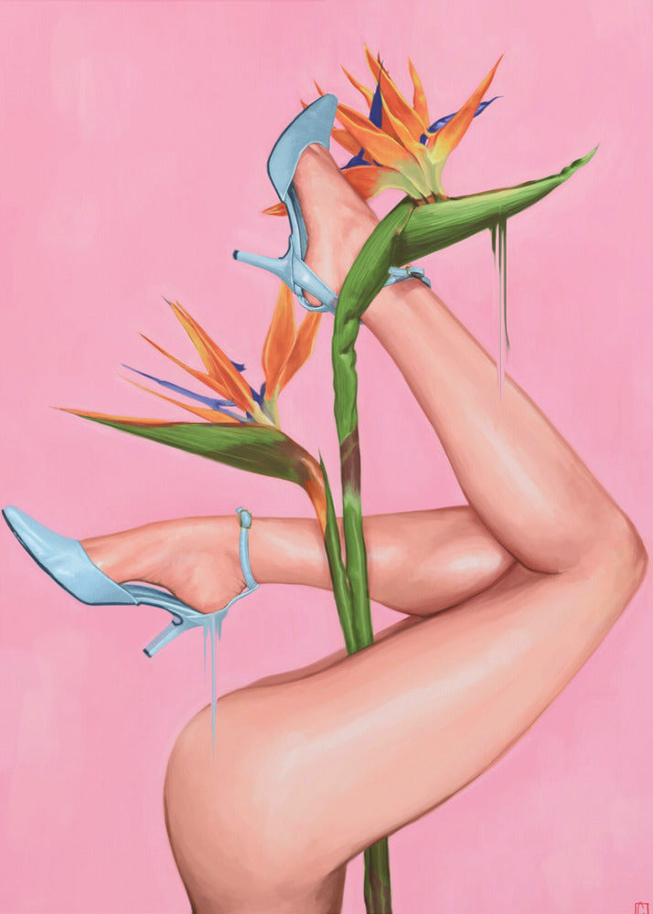 A surrealist painting of a woman's legs and a Bird of Paradise flower against a vibrant pink background. The legs, wearing light blue high heels, are wrapped around the flower's green stalk. Blue liquid drips from the shoes, adding to the dreamlike quality of the artwork. Wall Art