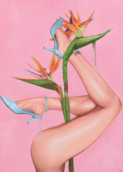 A surrealist painting of a woman's legs and a Bird of Paradise flower against a vibrant pink background. The legs, wearing light blue high heels, are wrapped around the flower's green stalk. Blue liquid drips from the shoes, adding to the dreamlike quality of the artwork. Wall Art