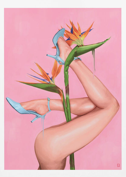 A surrealist painting of a woman's legs and a Bird of Paradise flower against a vibrant pink background. The legs, wearing light blue high heels, are wrapped around the flower's green stalk. Blue liquid drips from the shoes, adding to the dreamlike quality of the artwork. Wall Art