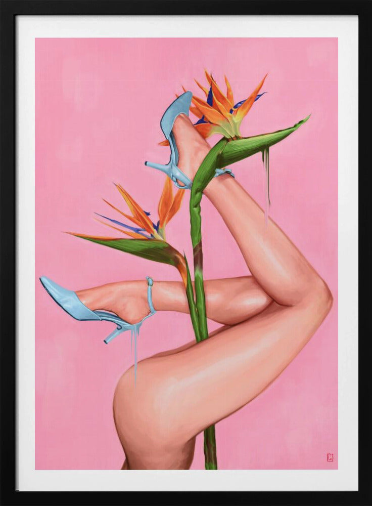 A surrealist painting of a woman's legs and a Bird of Paradise flower against a vibrant pink background. The legs, wearing light blue high heels, are wrapped around the flower's green stalk. Blue liquid drips from the shoes, adding to the dreamlike quality of the artwork. Wall Art