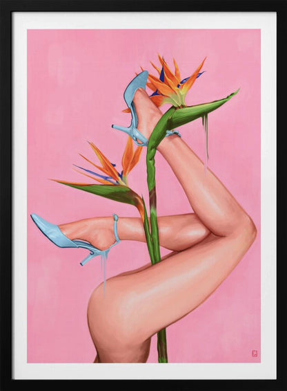 A surrealist painting of a woman's legs and a Bird of Paradise flower against a vibrant pink background. The legs, wearing light blue high heels, are wrapped around the flower's green stalk. Blue liquid drips from the shoes, adding to the dreamlike quality of the artwork. Wall Art