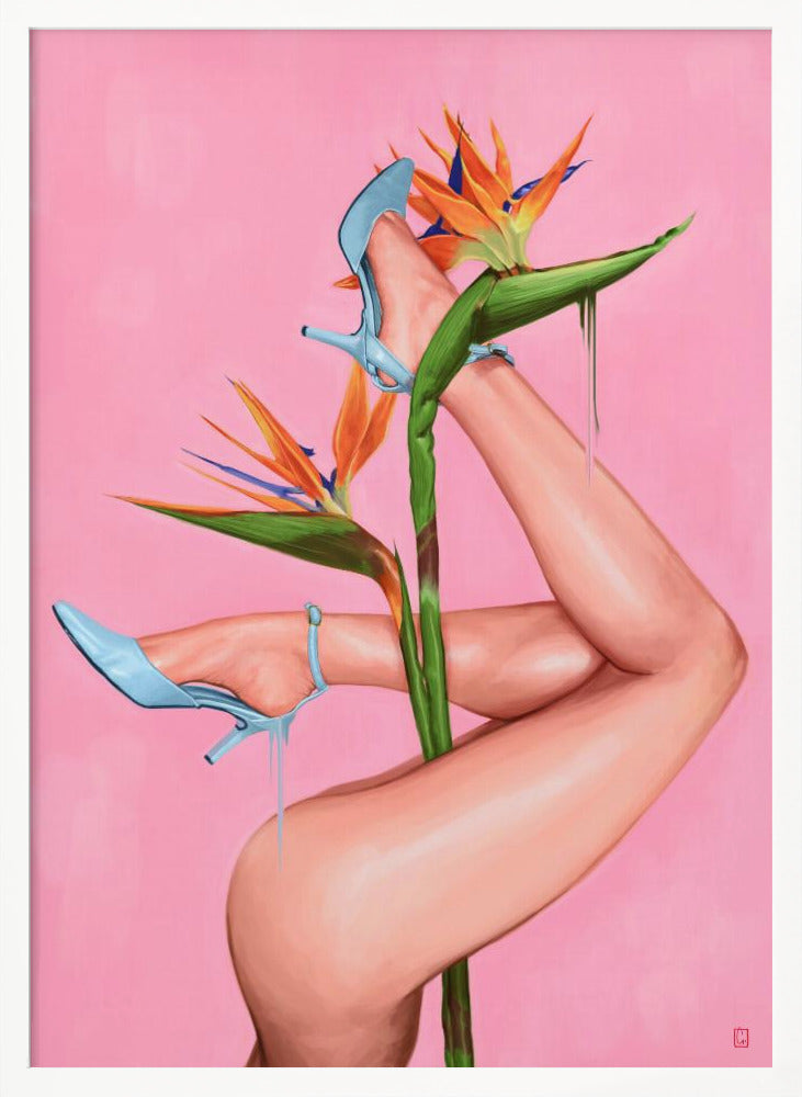 A surrealist painting of a woman's legs and a Bird of Paradise flower against a vibrant pink background. The legs, wearing light blue high heels, are wrapped around the flower's green stalk. Blue liquid drips from the shoes, adding to the dreamlike quality of the artwork. Wall Art