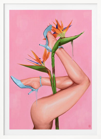 A surrealist painting of a woman's legs and a Bird of Paradise flower against a vibrant pink background. The legs, wearing light blue high heels, are wrapped around the flower's green stalk. Blue liquid drips from the shoes, adding to the dreamlike quality of the artwork. Wall Art