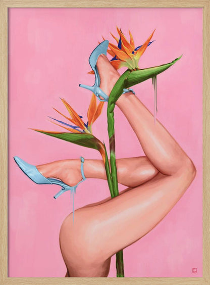 A surrealist painting of a woman's legs and a Bird of Paradise flower against a vibrant pink background. The legs, wearing light blue high heels, are wrapped around the flower's green stalk. Blue liquid drips from the shoes, adding to the dreamlike quality of the artwork. Wall Art