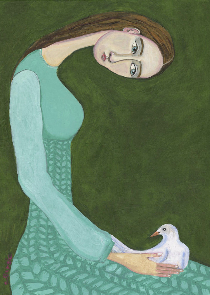 A stylized painting of a woman with a long, gracefully curved neck and brown hair against a dark olive green background. She is wearing a patterned teal dress and looking directly at the viewer while gently cradling a white dove in her hands. Artwork