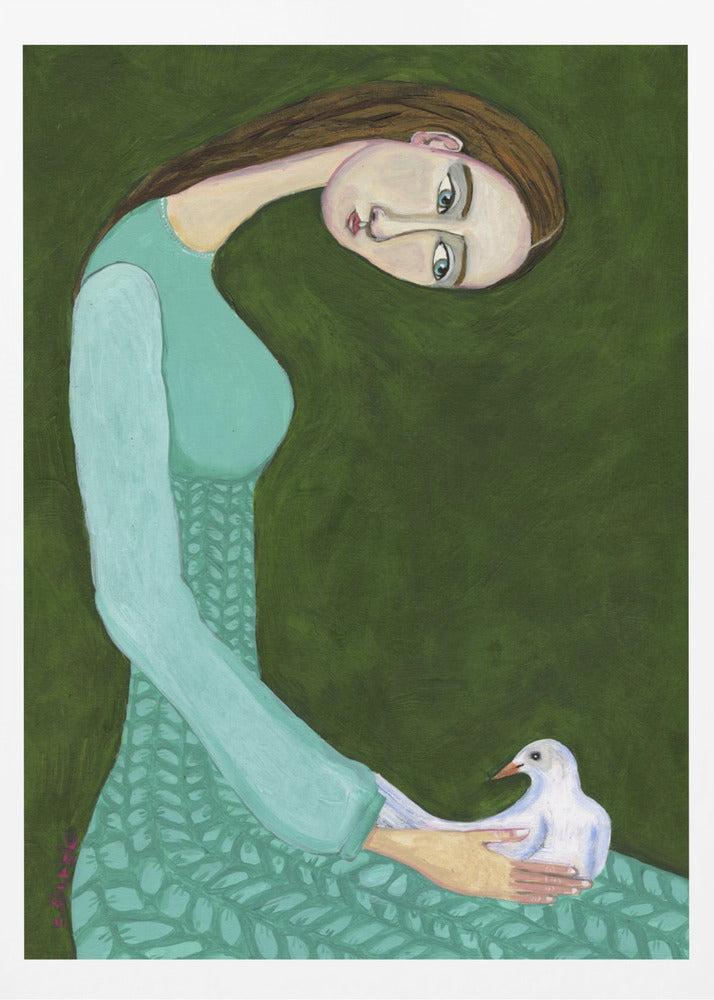 A stylized painting of a woman with a long, gracefully curved neck and brown hair against a dark olive green background. She is wearing a patterned teal dress and looking directly at the viewer while gently cradling a white dove in her hands. Artwork