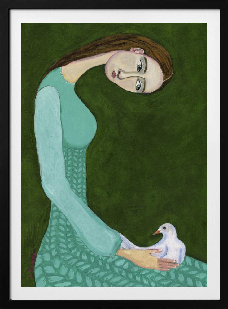 A stylized painting of a woman with a long, gracefully curved neck and brown hair against a dark olive green background. She is wearing a patterned teal dress and looking directly at the viewer while gently cradling a white dove in her hands. Artwork