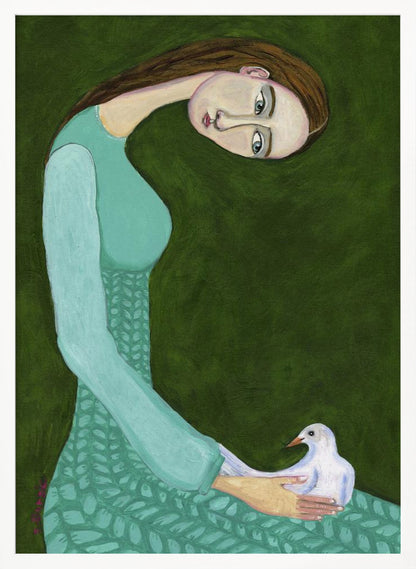 A stylized painting of a woman with a long, gracefully curved neck and brown hair against a dark olive green background. She is wearing a patterned teal dress and looking directly at the viewer while gently cradling a white dove in her hands. Artwork