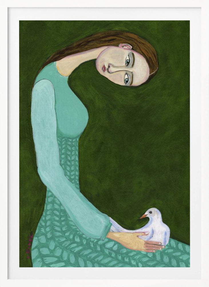 A stylized painting of a woman with a long, gracefully curved neck and brown hair against a dark olive green background. She is wearing a patterned teal dress and looking directly at the viewer while gently cradling a white dove in her hands. Artwork