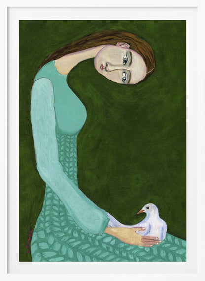 A stylized painting of a woman with a long, gracefully curved neck and brown hair against a dark olive green background. She is wearing a patterned teal dress and looking directly at the viewer while gently cradling a white dove in her hands. Artwork