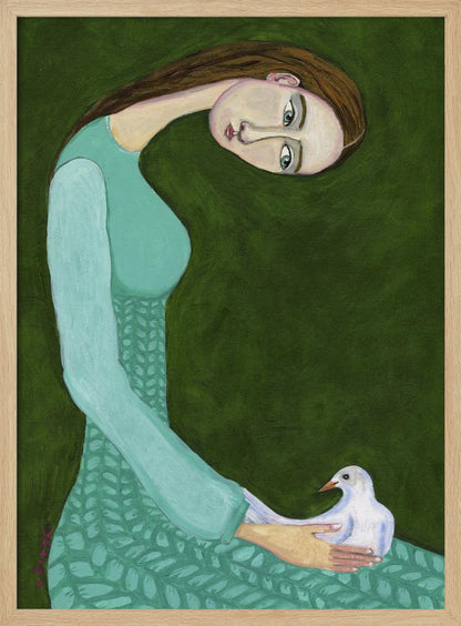A stylized painting of a woman with a long, gracefully curved neck and brown hair against a dark olive green background. She is wearing a patterned teal dress and looking directly at the viewer while gently cradling a white dove in her hands. Artwork