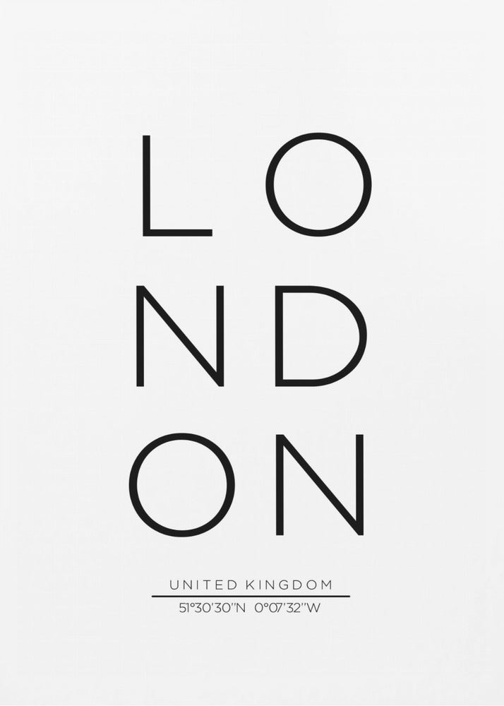 A minimalist black and white typographic poster featuring the word 'LONDON' arranged vertically in a modern sans-serif font. Below the city name, it displays 'UNITED KINGDOM' and its geographic coordinates, all enclosed within a thin black frame. Poster