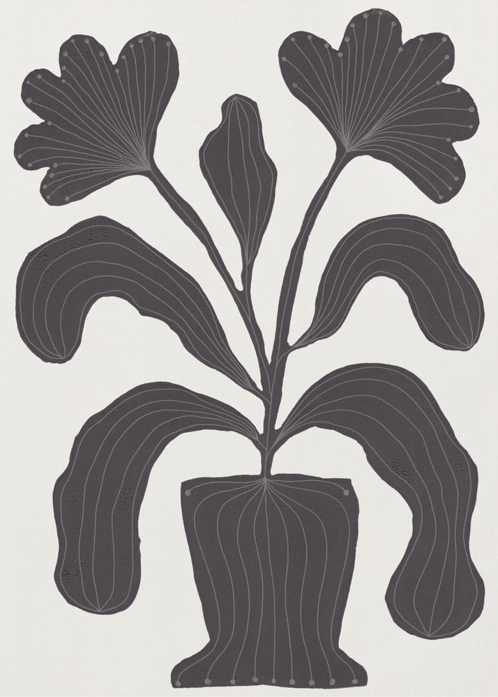 A modern black and white illustration of a stylized plant in a pot against an off-white background. The plant features large, drooping leaves and two fan-like flowers at the top. The entire black silhouette is detailed with fine, light-colored lines giving it texture and a sense of veining. Wall Art