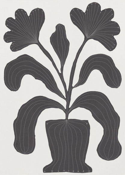 A modern black and white illustration of a stylized plant in a pot against an off-white background. The plant features large, drooping leaves and two fan-like flowers at the top. The entire black silhouette is detailed with fine, light-colored lines giving it texture and a sense of veining. Wall Art