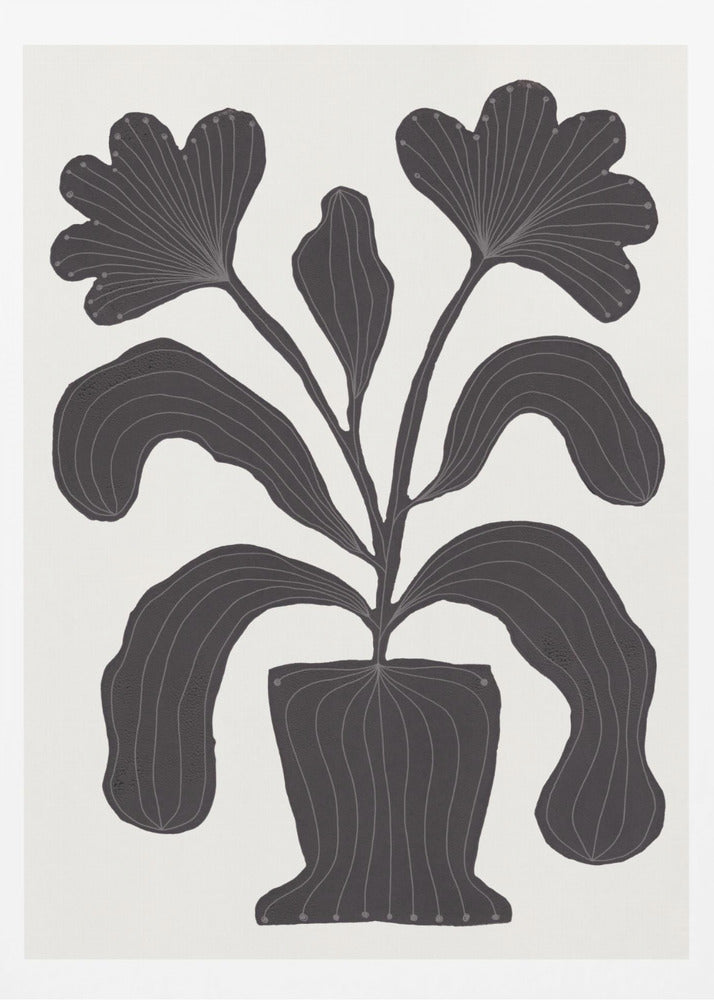 A modern black and white illustration of a stylized plant in a pot against an off-white background. The plant features large, drooping leaves and two fan-like flowers at the top. The entire black silhouette is detailed with fine, light-colored lines giving it texture and a sense of veining. Wall Art