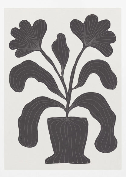 A modern black and white illustration of a stylized plant in a pot against an off-white background. The plant features large, drooping leaves and two fan-like flowers at the top. The entire black silhouette is detailed with fine, light-colored lines giving it texture and a sense of veining. Wall Art