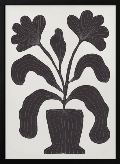 A modern black and white illustration of a stylized plant in a pot against an off-white background. The plant features large, drooping leaves and two fan-like flowers at the top. The entire black silhouette is detailed with fine, light-colored lines giving it texture and a sense of veining. Wall Art