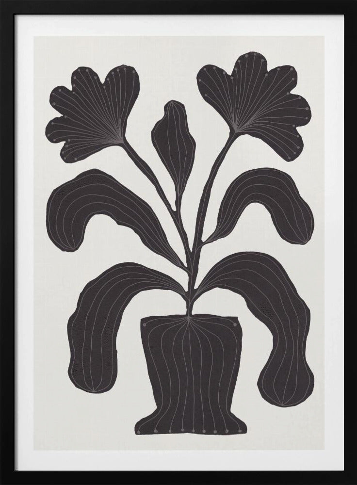 A modern black and white illustration of a stylized plant in a pot against an off-white background. The plant features large, drooping leaves and two fan-like flowers at the top. The entire black silhouette is detailed with fine, light-colored lines giving it texture and a sense of veining. Wall Art