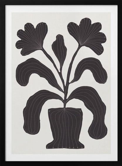 A modern black and white illustration of a stylized plant in a pot against an off-white background. The plant features large, drooping leaves and two fan-like flowers at the top. The entire black silhouette is detailed with fine, light-colored lines giving it texture and a sense of veining. Wall Art