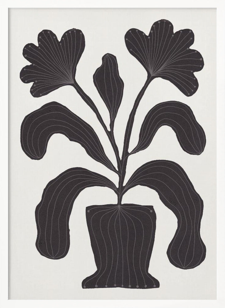 A modern black and white illustration of a stylized plant in a pot against an off-white background. The plant features large, drooping leaves and two fan-like flowers at the top. The entire black silhouette is detailed with fine, light-colored lines giving it texture and a sense of veining. Wall Art