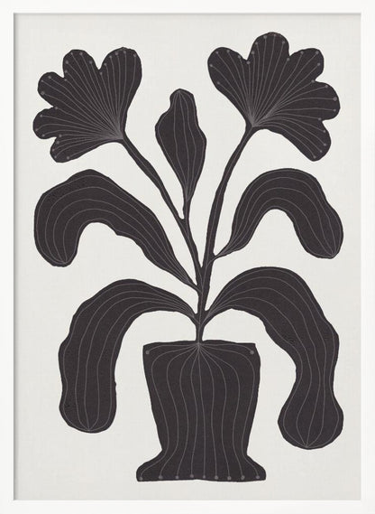 A modern black and white illustration of a stylized plant in a pot against an off-white background. The plant features large, drooping leaves and two fan-like flowers at the top. The entire black silhouette is detailed with fine, light-colored lines giving it texture and a sense of veining. Wall Art