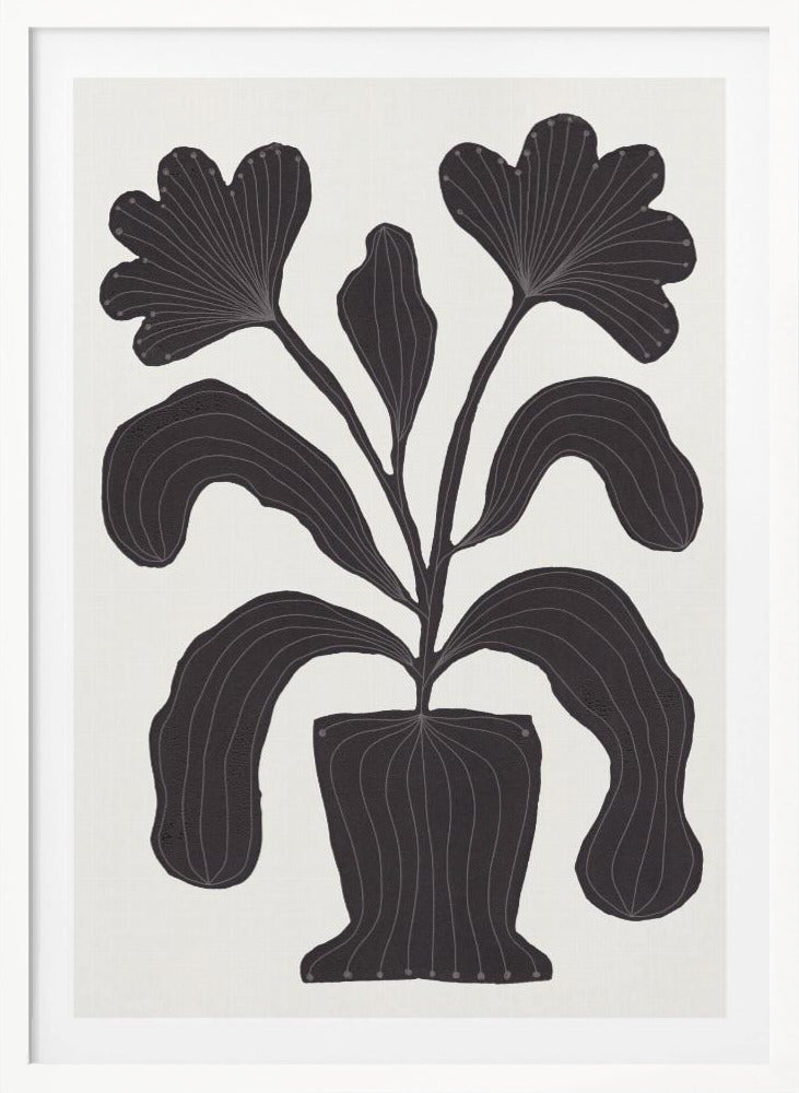 A modern black and white illustration of a stylized plant in a pot against an off-white background. The plant features large, drooping leaves and two fan-like flowers at the top. The entire black silhouette is detailed with fine, light-colored lines giving it texture and a sense of veining. Wall Art
