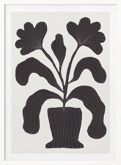 A modern black and white illustration of a stylized plant in a pot against an off-white background. The plant features large, drooping leaves and two fan-like flowers at the top. The entire black silhouette is detailed with fine, light-colored lines giving it texture and a sense of veining. Wall Art