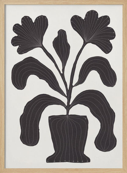 A modern black and white illustration of a stylized plant in a pot against an off-white background. The plant features large, drooping leaves and two fan-like flowers at the top. The entire black silhouette is detailed with fine, light-colored lines giving it texture and a sense of veining. Wall Art
