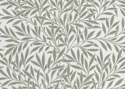 A framed art print displaying a dense pattern of sage green leaves and branches on a white background. The design is continuous and has a calm, naturalistic feel, enclosed within a simple silver frame. Artwork