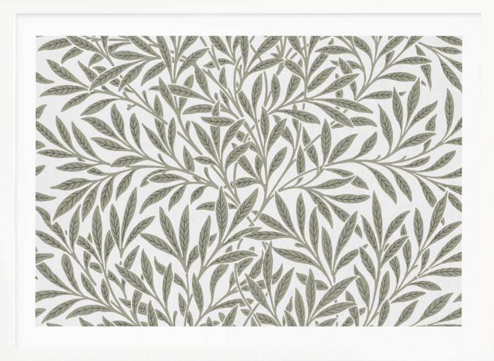 A framed art print displaying a dense pattern of sage green leaves and branches on a white background. The design is continuous and has a calm, naturalistic feel, enclosed within a simple silver frame. Artwork