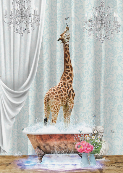 A surreal and whimsical artwork of a giraffe standing in a vintage clawfoot bathtub filled with bubbles. The bathroom is elegant, featuring light blue damask wallpaper, two crystal chandeliers, and a flowing white curtain. Butterflies flutter around the giraffe and a vase of pink and white flowers sits beside the tub. Artwork