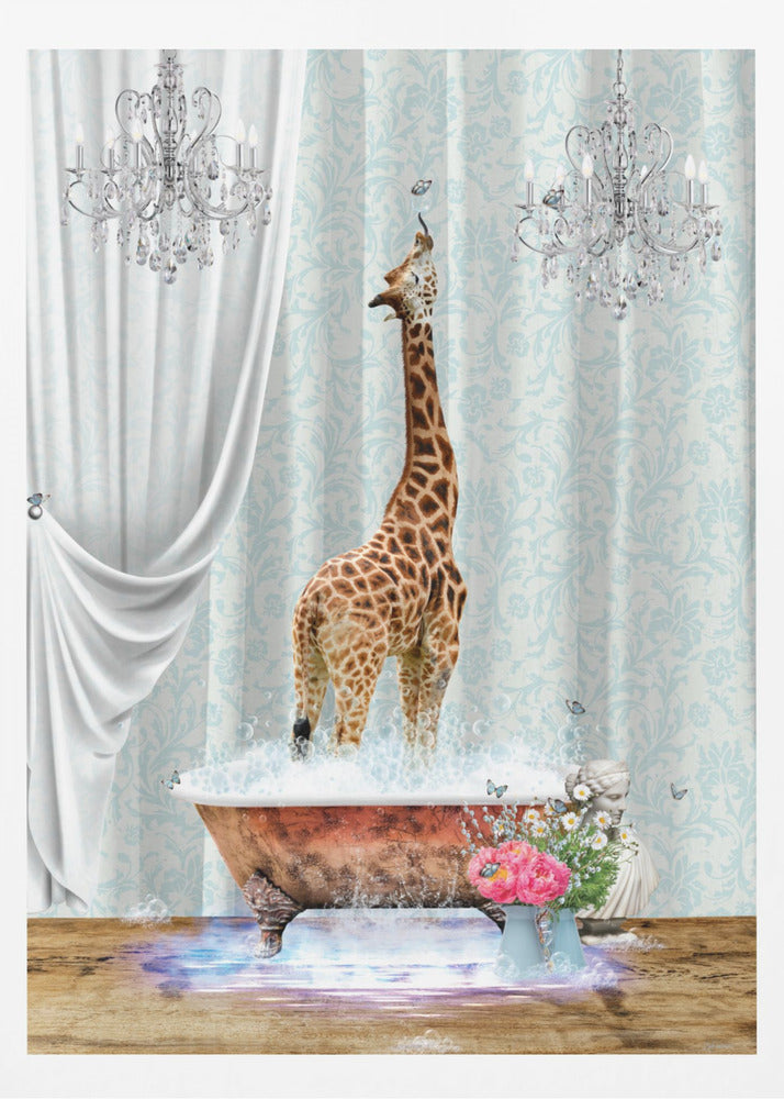 A surreal and whimsical artwork of a giraffe standing in a vintage clawfoot bathtub filled with bubbles. The bathroom is elegant, featuring light blue damask wallpaper, two crystal chandeliers, and a flowing white curtain. Butterflies flutter around the giraffe and a vase of pink and white flowers sits beside the tub. Artwork