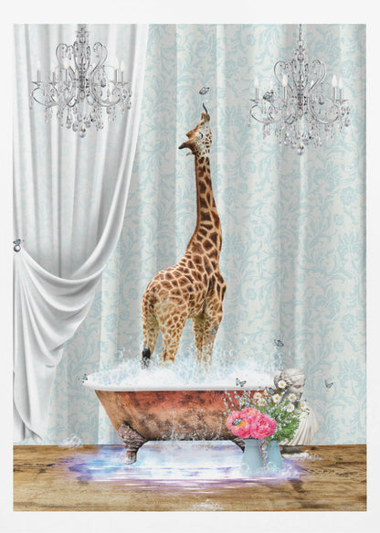A surreal and whimsical artwork of a giraffe standing in a vintage clawfoot bathtub filled with bubbles. The bathroom is elegant, featuring light blue damask wallpaper, two crystal chandeliers, and a flowing white curtain. Butterflies flutter around the giraffe and a vase of pink and white flowers sits beside the tub. Artwork